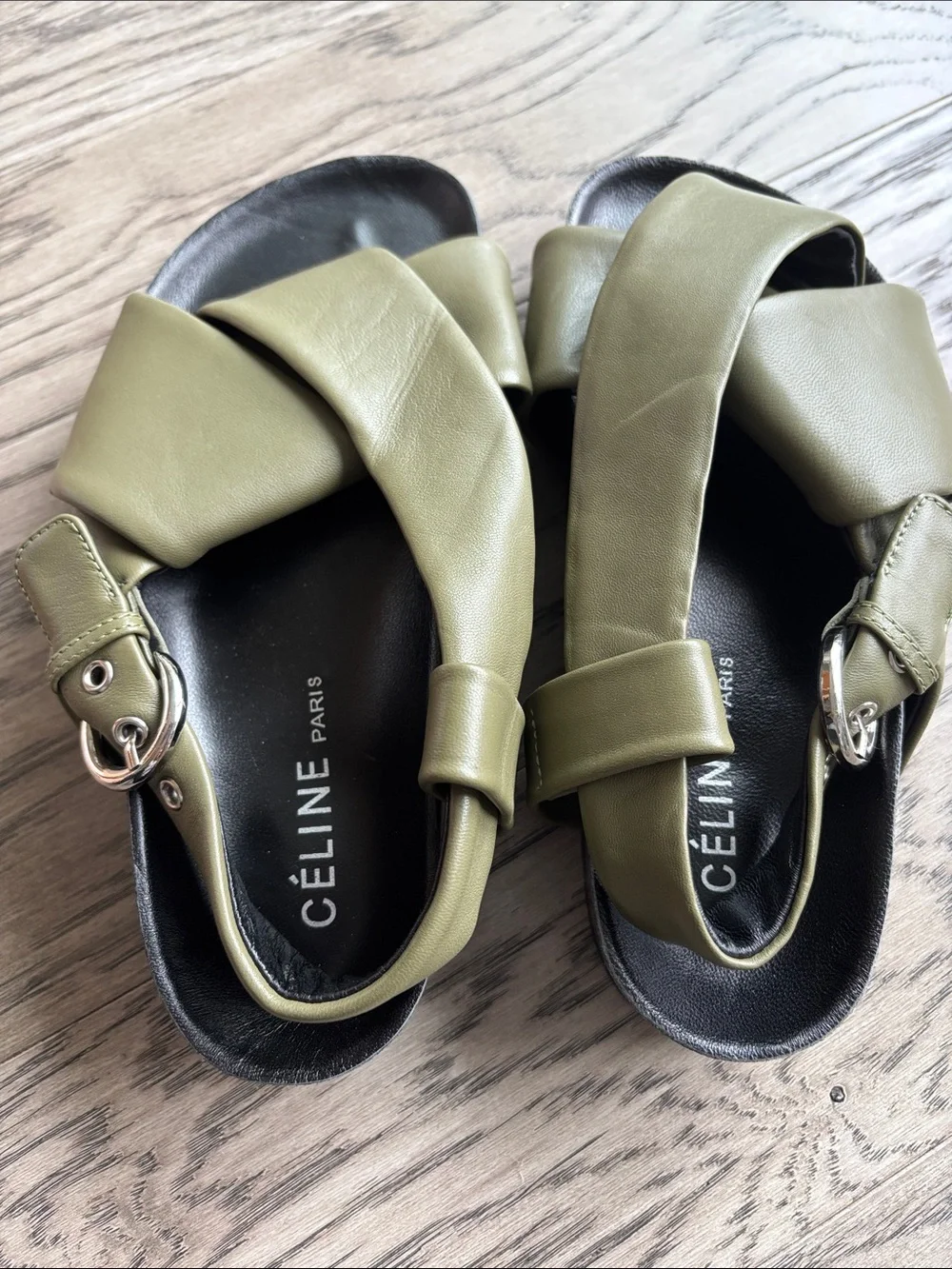 Celine Olive Green Leather Crisscross Slingback Sandals - Picture 3 of 8